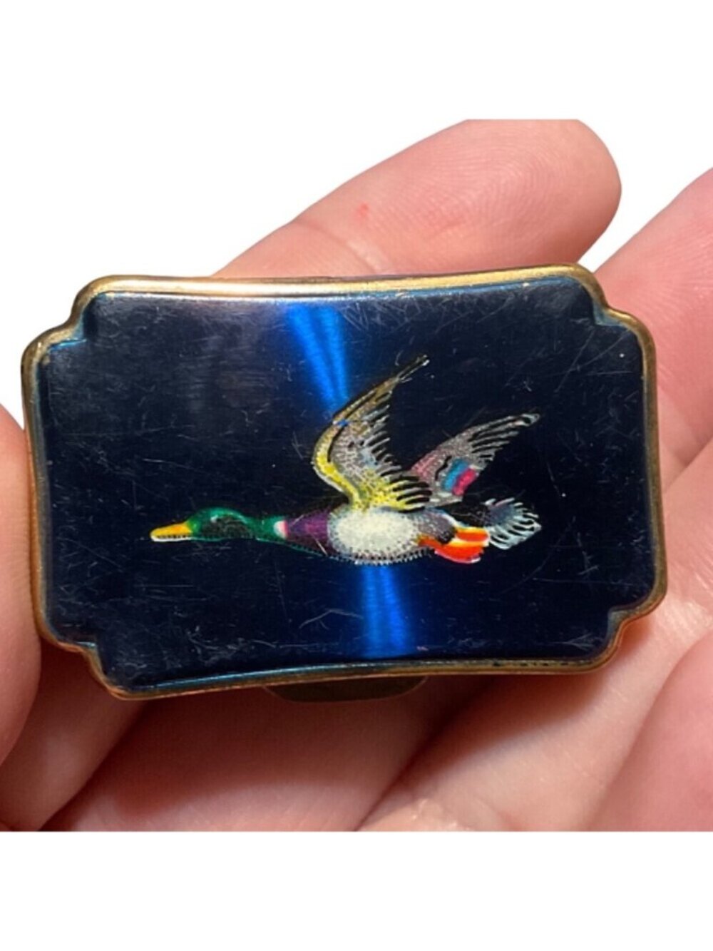 Vintage Stratton England Gold Enamel Pill Box Flying Mallard Duck Inlay